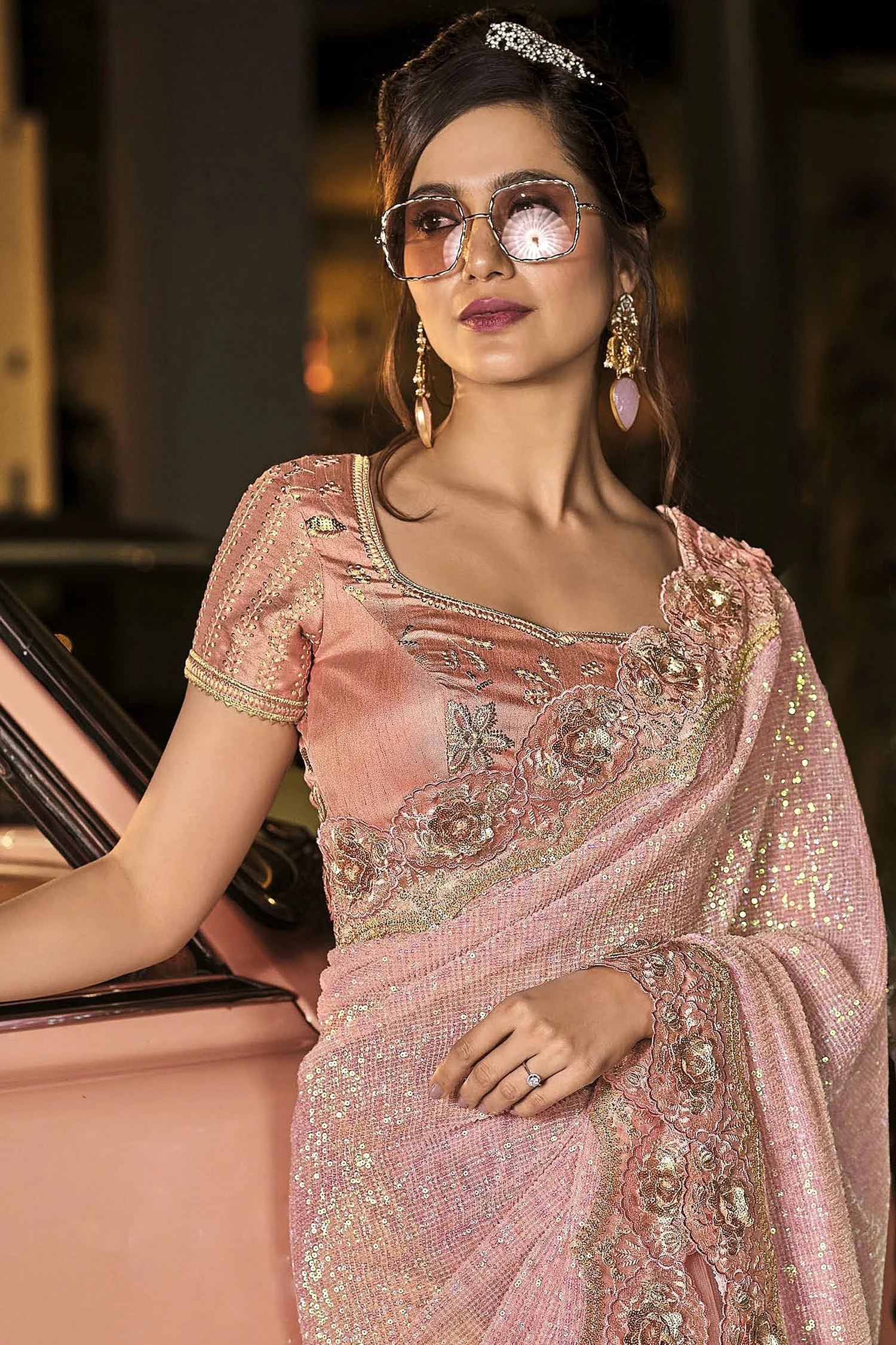 Fancy Coral Peach Net Designer Saree - Image 3