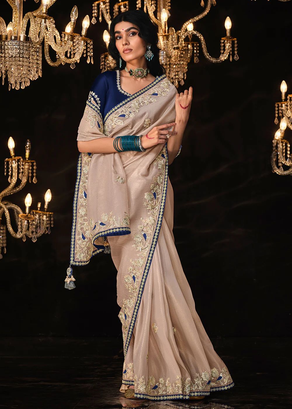 Fancy Cream Embroidered Designer Wedding Wear Saree - Image 4