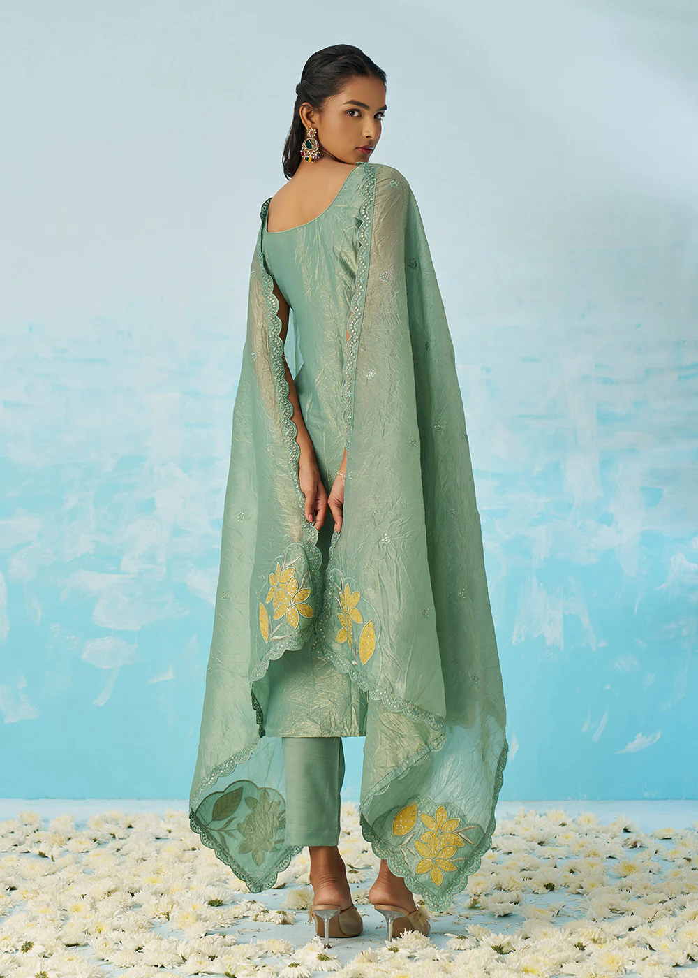 Fancy Crushed Fabric Green Embroidered Salwar Kameez - Image 3