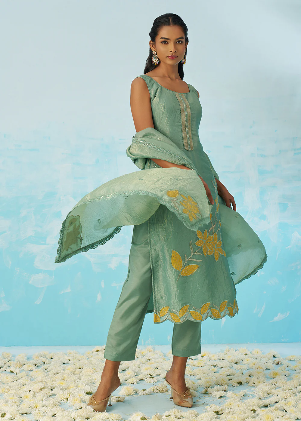 Fancy Crushed Fabric Green Embroidered Salwar Kameez - Image 4