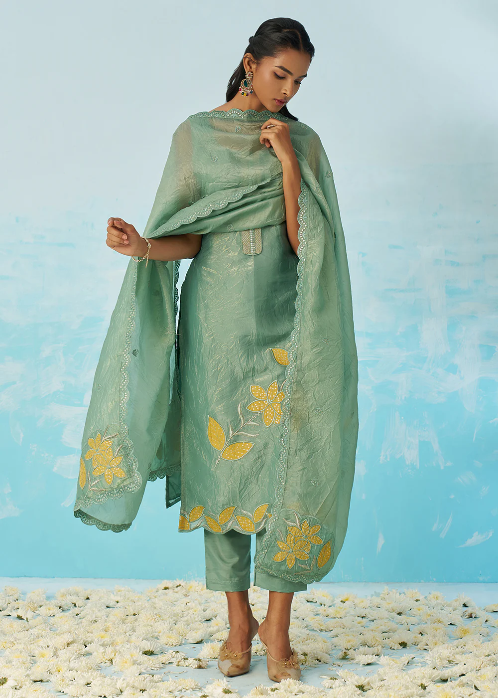Fancy Crushed Fabric Green Embroidered Salwar Kameez - Image 5