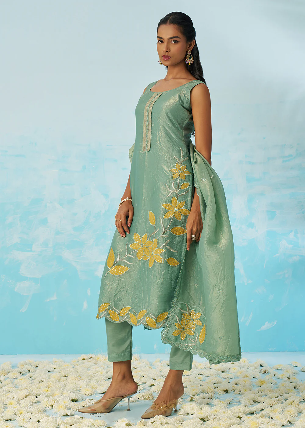 Fancy Crushed Fabric Green Embroidered Salwar Kameez - Image 7