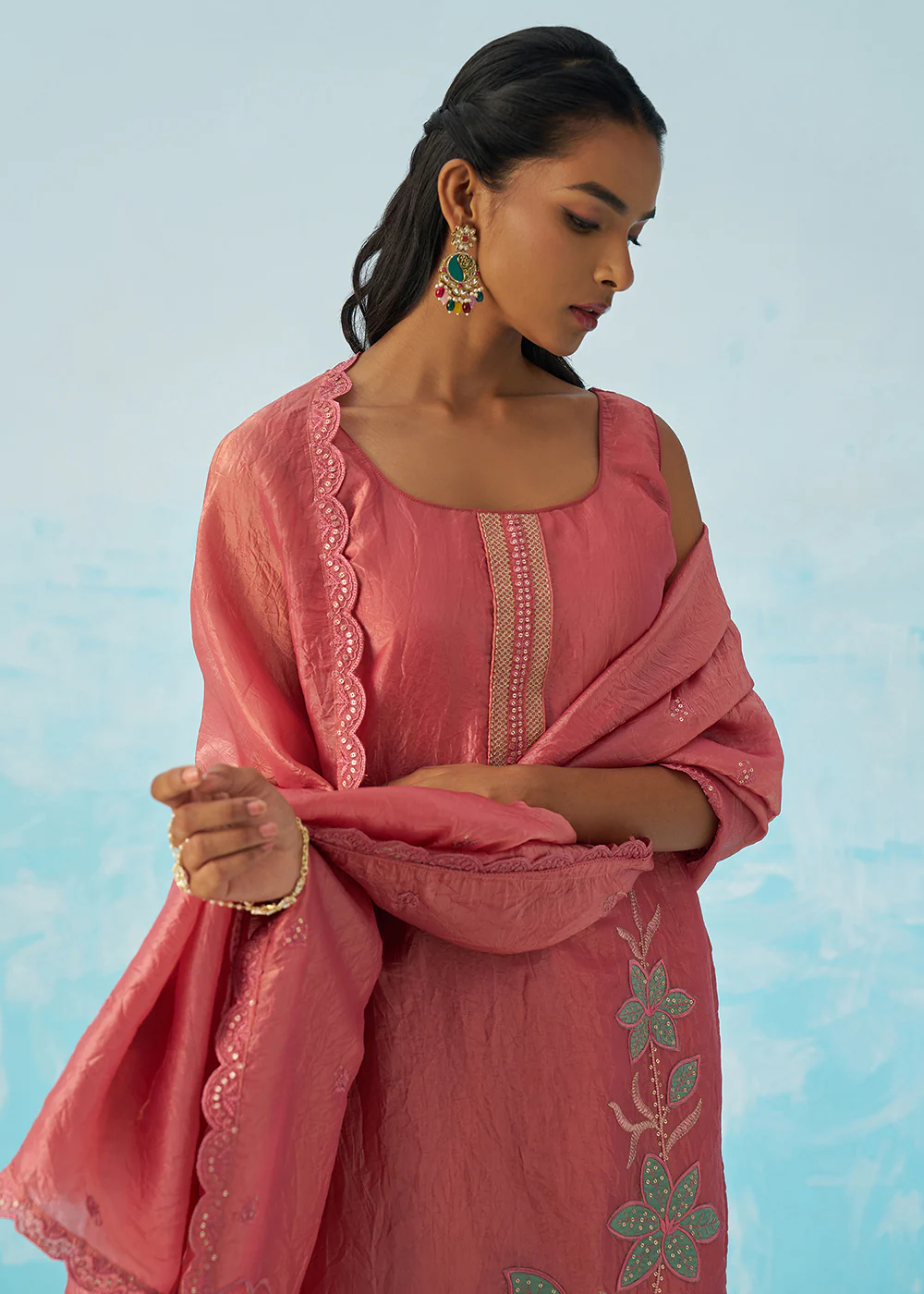 Fancy Crushed Fabric Pink Embroidered Salwar Kameez - Image 2