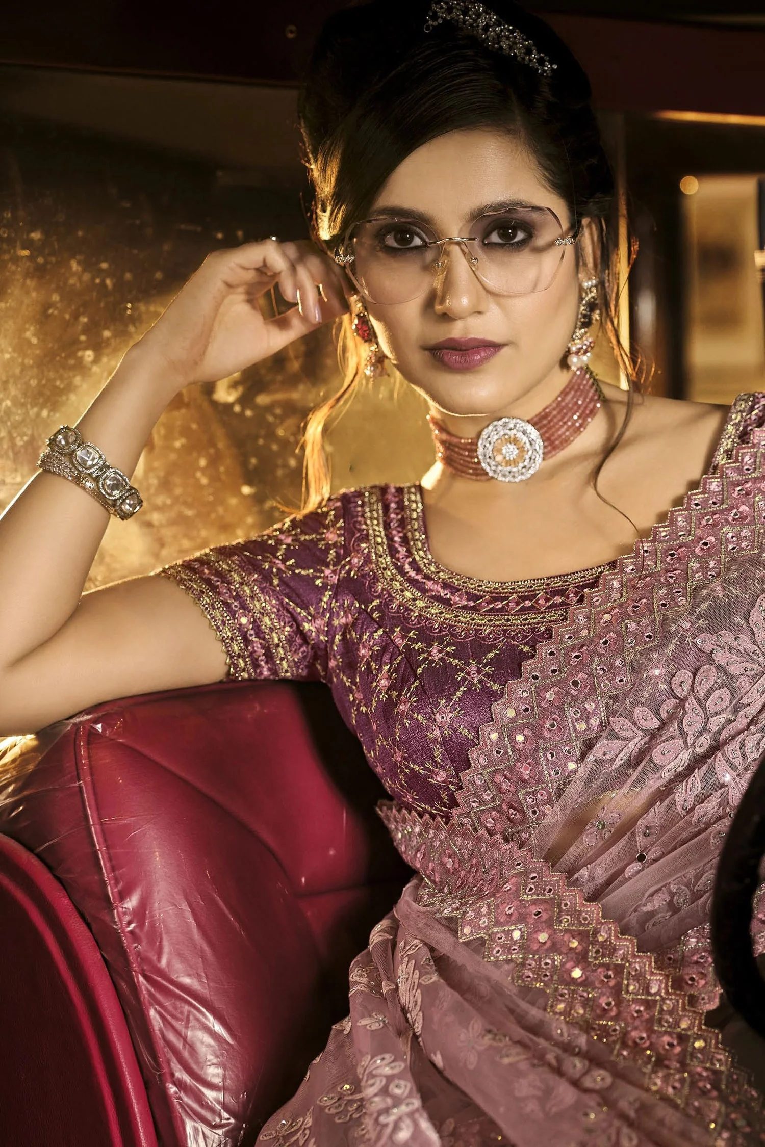 Fancy Dusty Pink Net Designer Saree - Image 2
