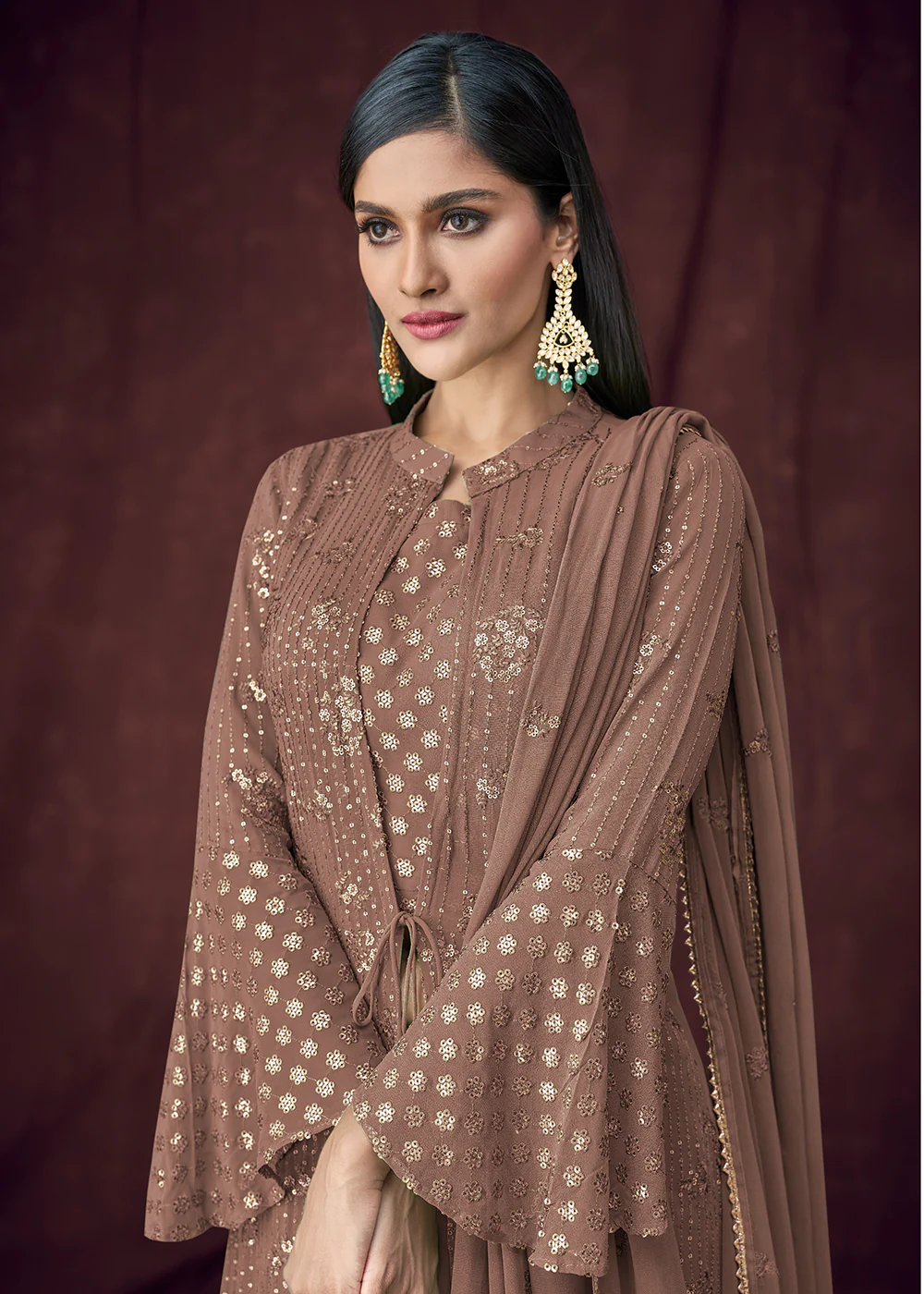 Fancy Fabric Brown Jacket Style Designer Lehenga Suit - Image 2