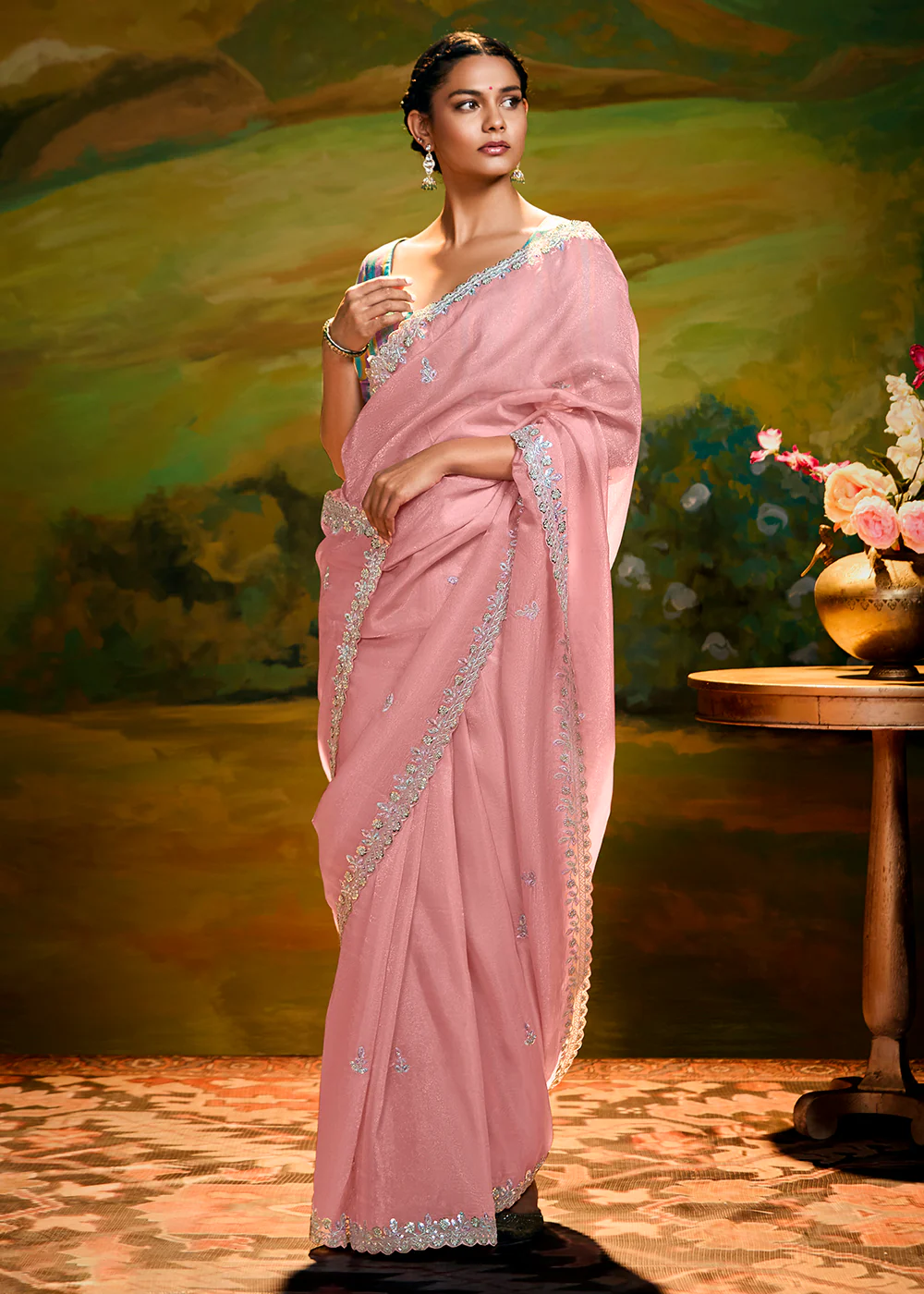 Fancy Fabric Coral Pink Festive Party Designer Saree