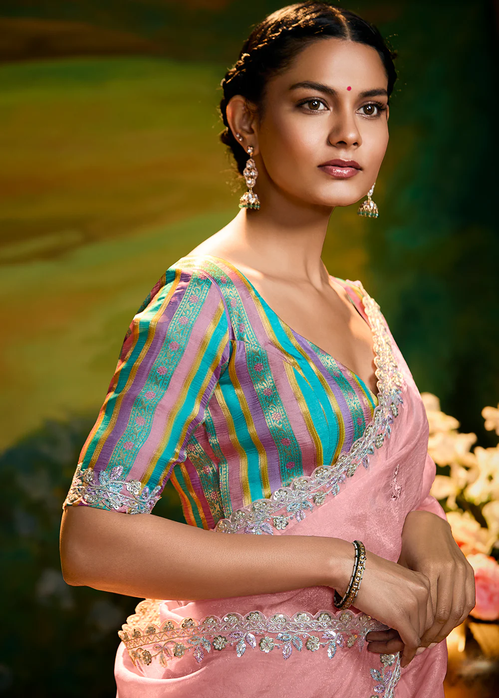 Fancy Fabric Coral Pink Festive Party Designer Saree - Image 2