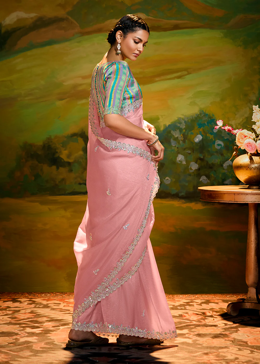 Fancy Fabric Coral Pink Festive Party Designer Saree - Image 3