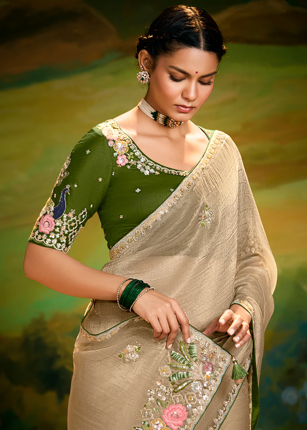 Fancy Fabric Cream Festive Party Designer Saree - Image 2