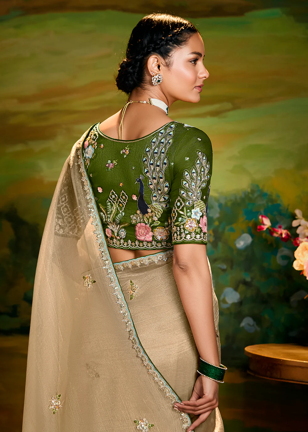 Fancy Fabric Cream Festive Party Designer Saree - Image 3