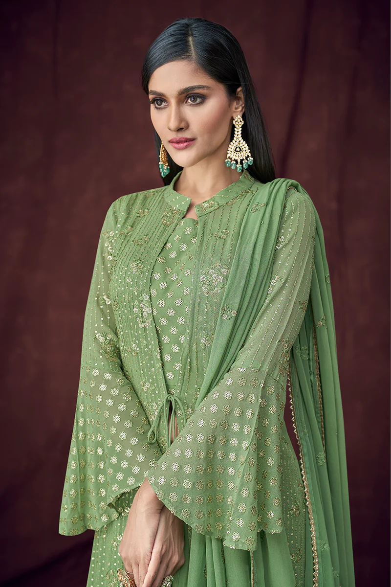 Fancy Fabric Green Jacket Style Designer Lehenga Suit - Image 2
