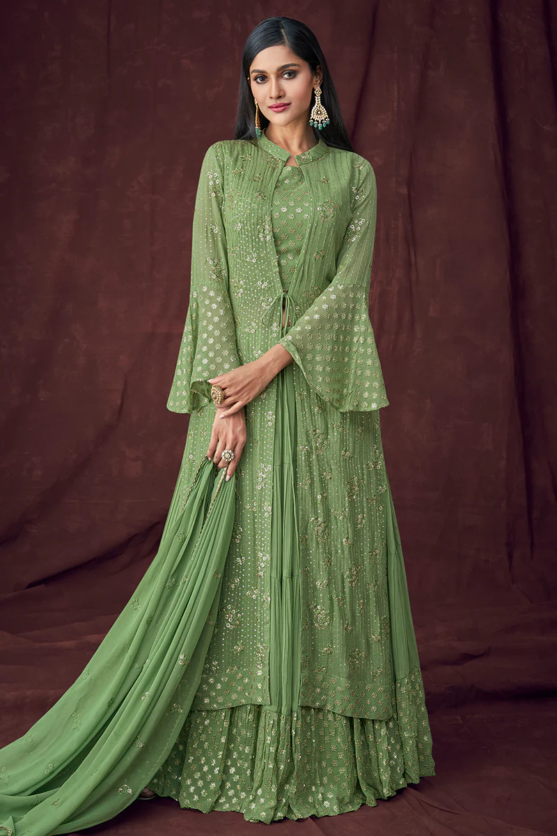 Fancy Fabric Green Jacket Style Designer Lehenga Suit - Image 3