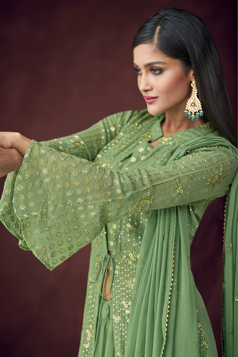 Fancy Fabric Green Jacket Style Designer Lehenga Suit - Image 4