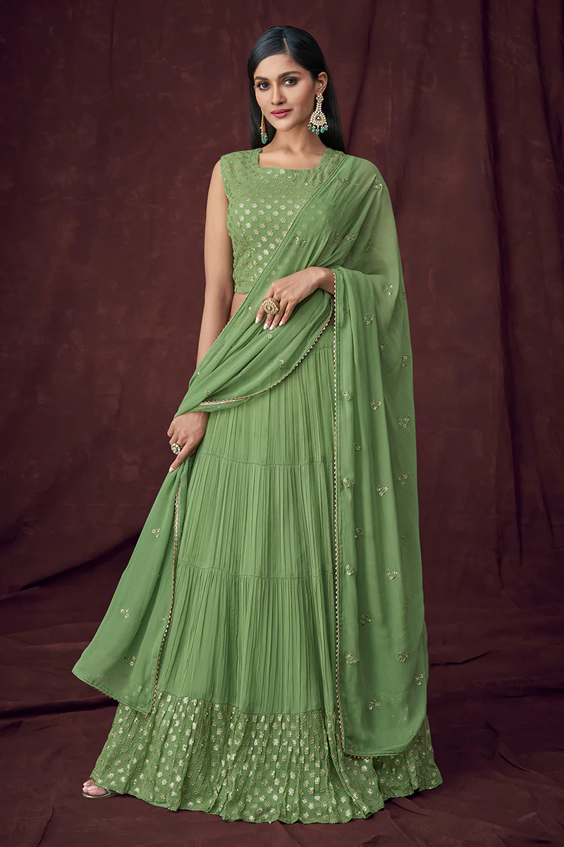 Fancy Fabric Green Jacket Style Designer Lehenga Suit - Image 5