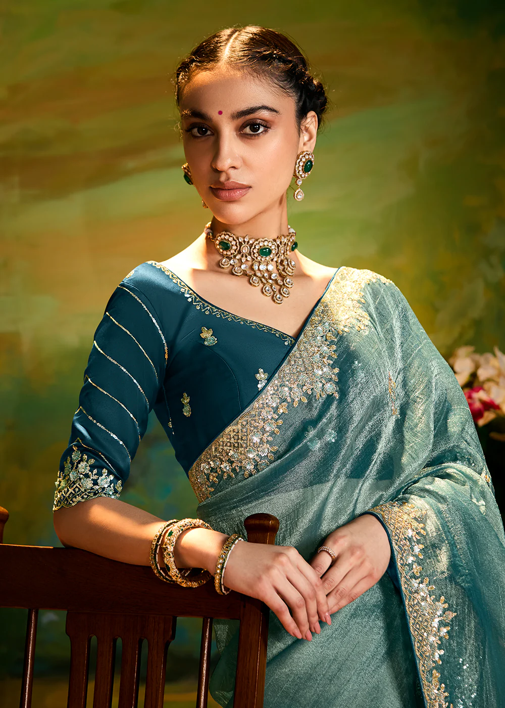 Fancy Fabric Mint Green Festive Party Designer Saree - Image 2