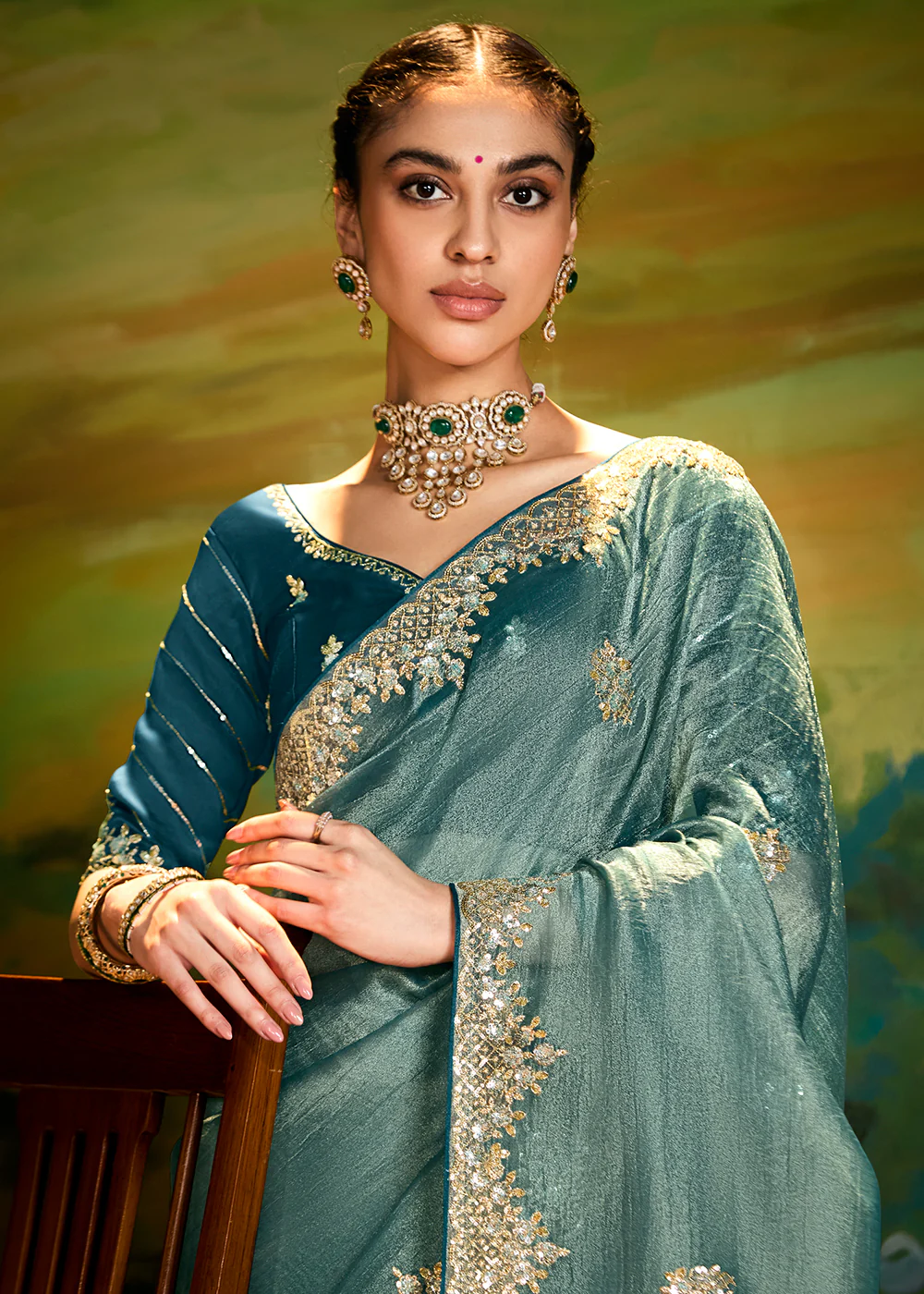 Fancy Fabric Mint Green Festive Party Designer Saree - Image 5
