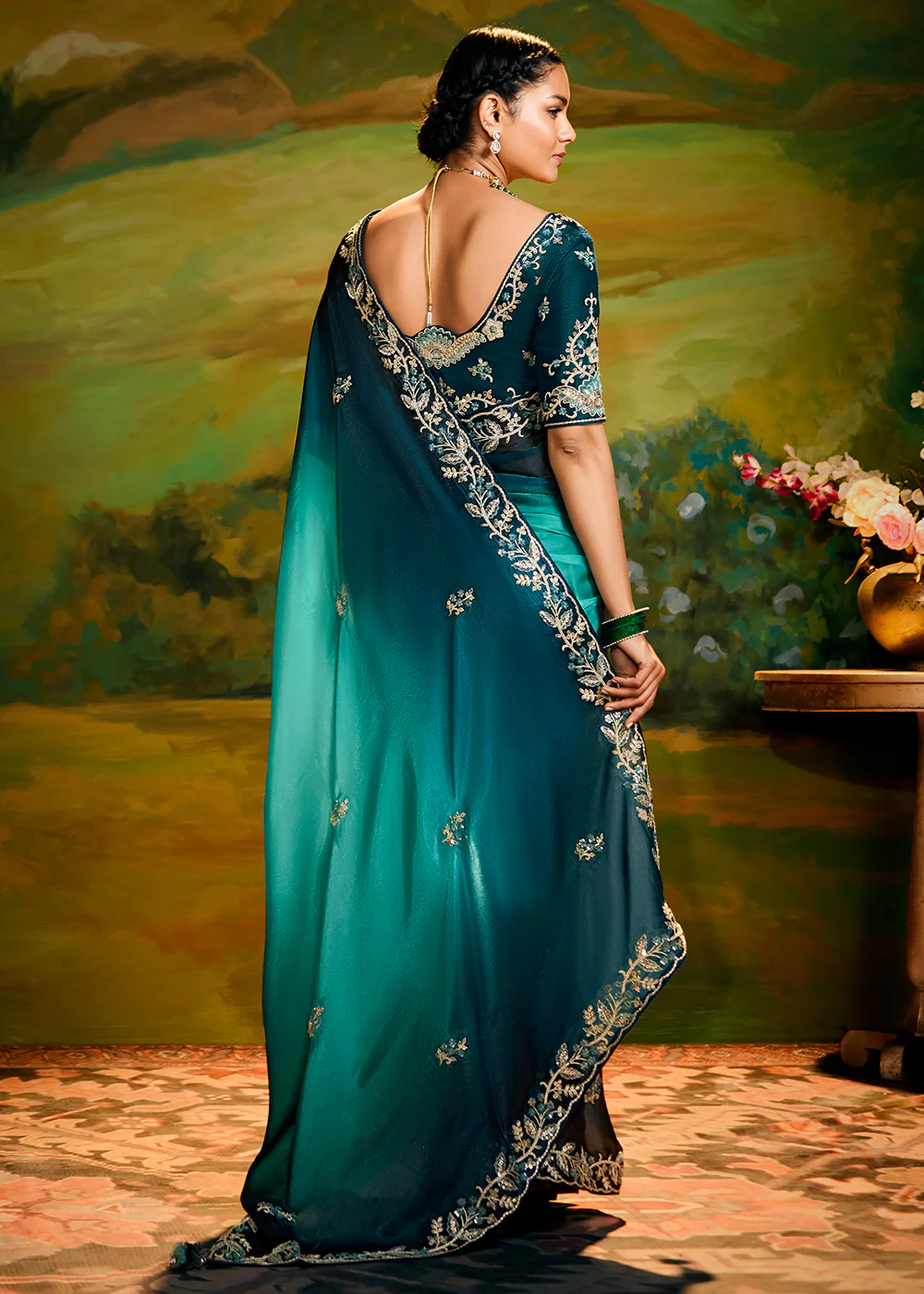 Fancy Fabric Ombre Blue Festive Party Designer Saree - Image 3