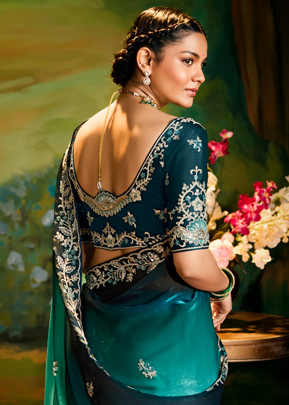Fancy Fabric Ombre Blue Festive Party Designer Saree - Image 5