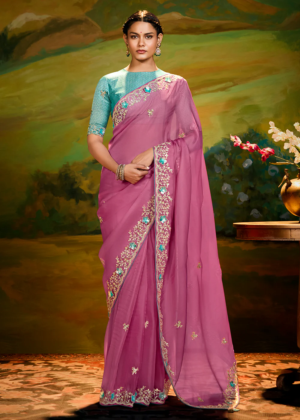 Fancy Fabric Onion Pink Festive Party Designer Saree
