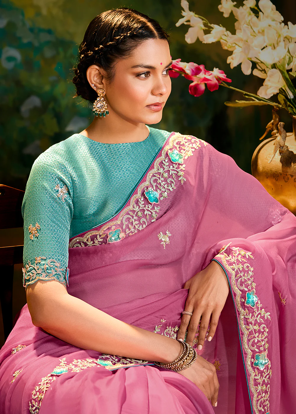 Fancy Fabric Onion Pink Festive Party Designer Saree - Image 2