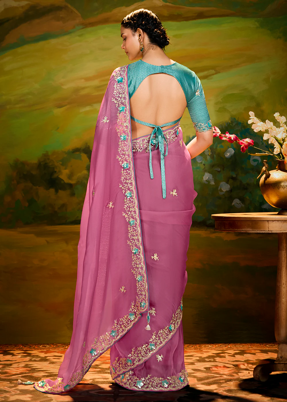 Fancy Fabric Onion Pink Festive Party Designer Saree - Image 3