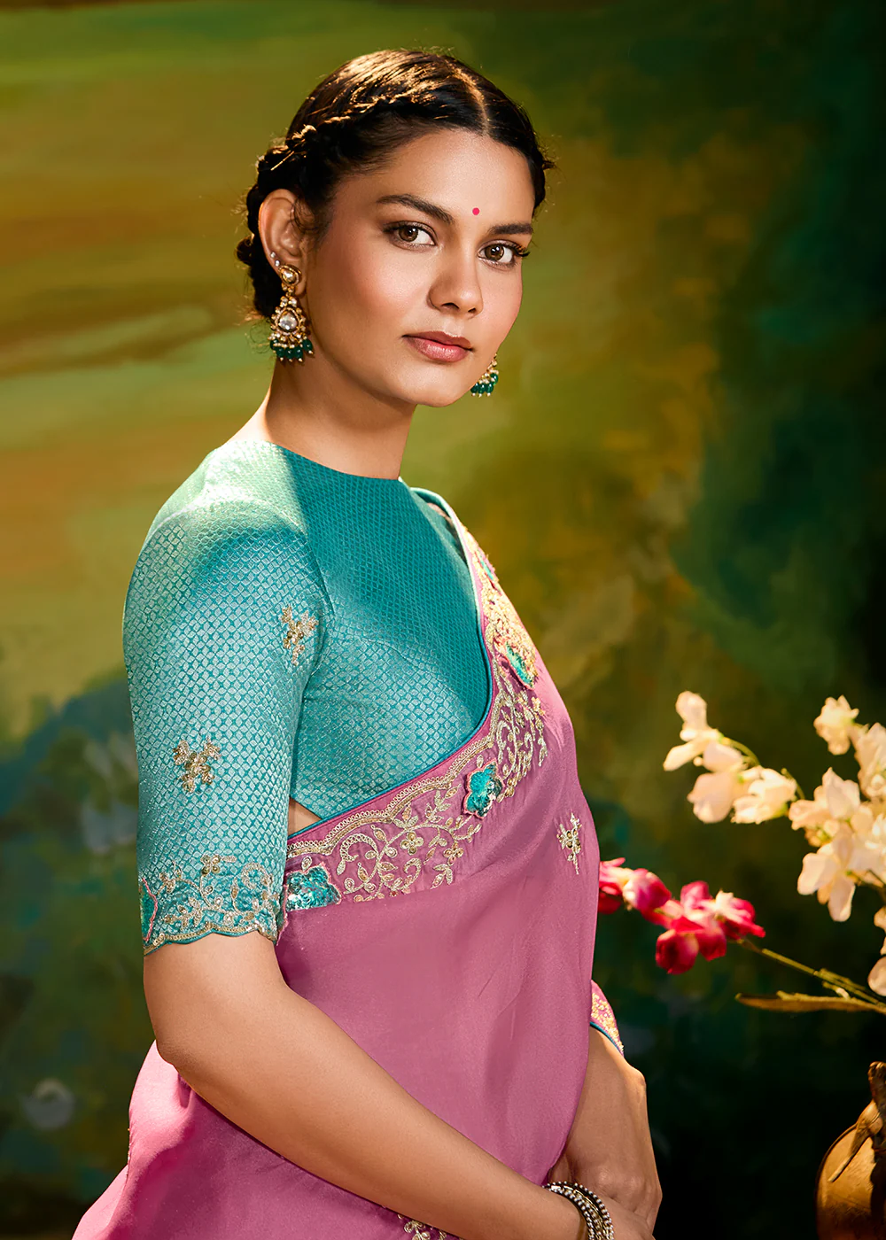 Fancy Fabric Onion Pink Festive Party Designer Saree - Image 4