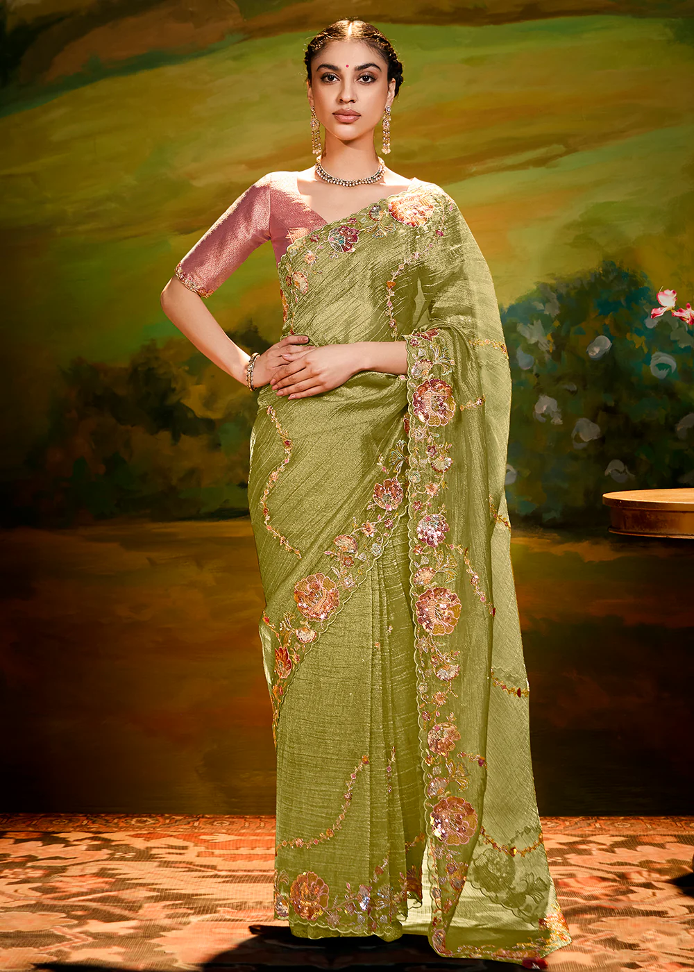 Fancy Fabric Pista Green Festive Party Designer Saree
