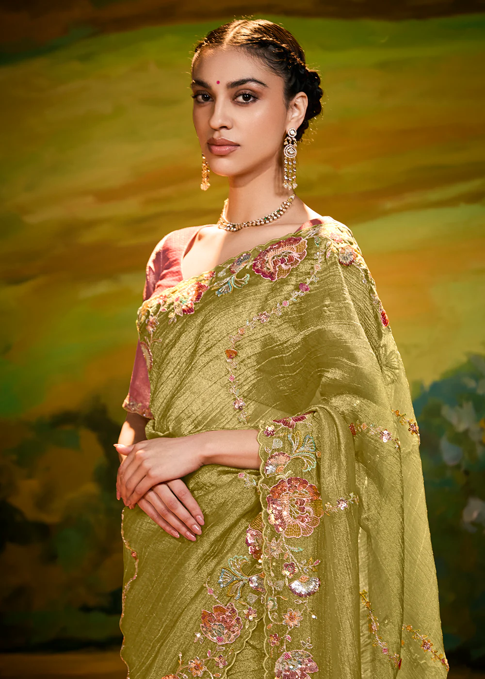 Fancy Fabric Pista Green Festive Party Designer Saree - Image 2