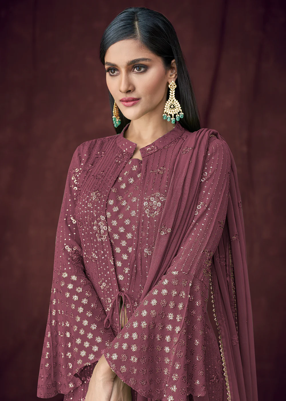 Fancy Fabric Plum Jacket Style Designer Lehenga Suit - Image 2