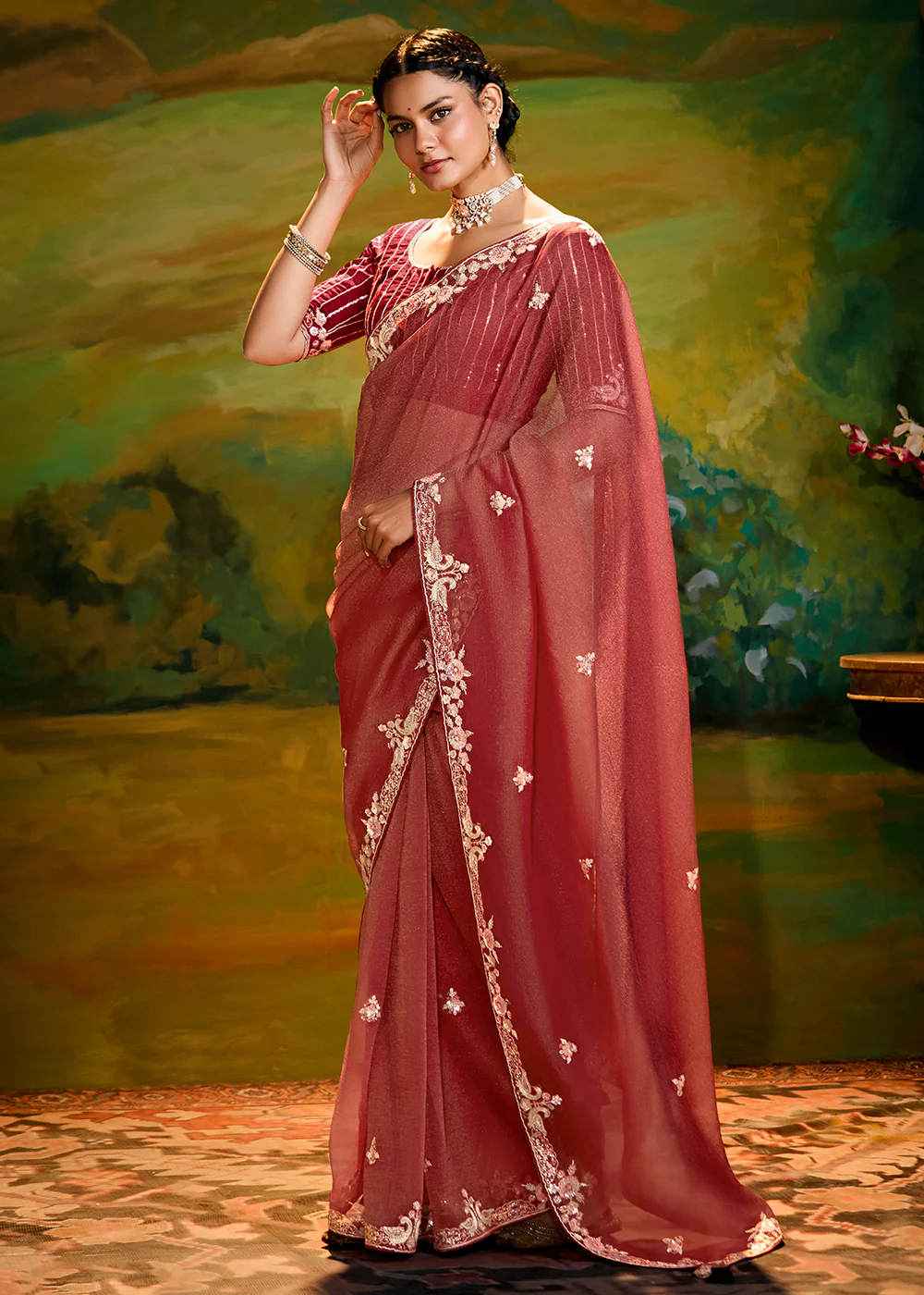 Fancy Fabric Rust Maroon Festive Party Designer Saree
