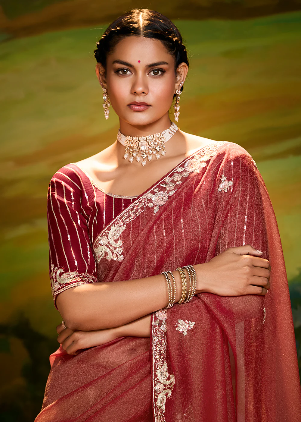 Fancy Fabric Rust Maroon Festive Party Designer Saree - Image 2