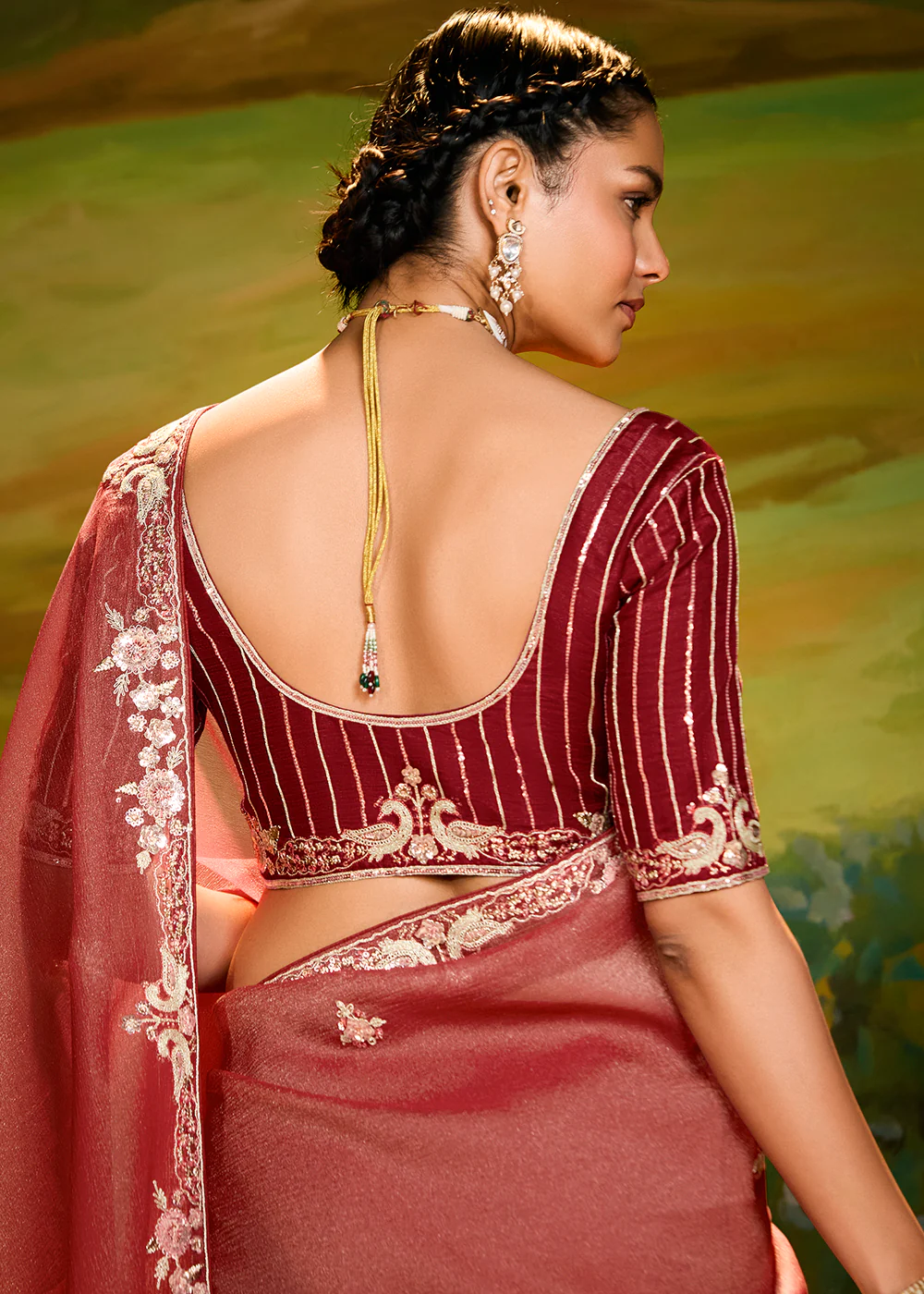 Fancy Fabric Rust Maroon Festive Party Designer Saree - Image 3