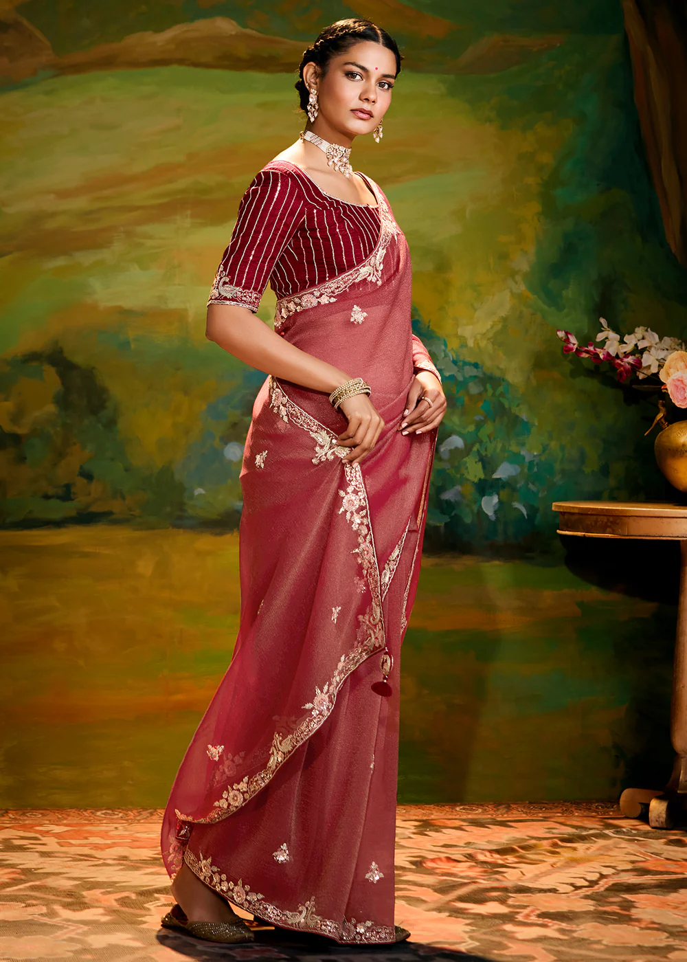 Fancy Fabric Rust Maroon Festive Party Designer Saree - Image 4