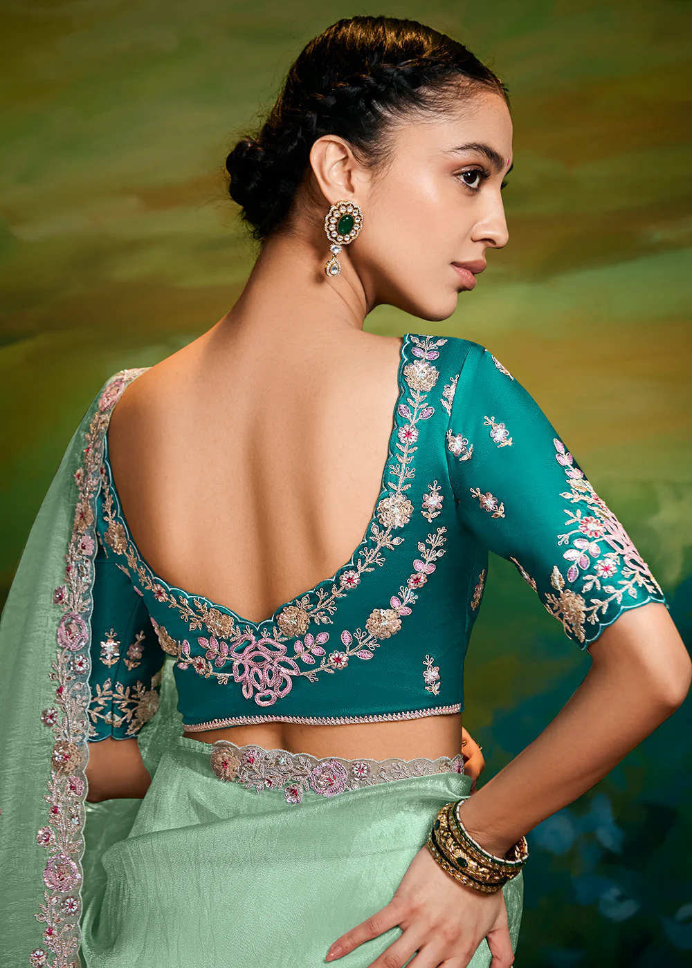 Fancy Fabric Sea Green Festive Party Designer Saree - Image 3
