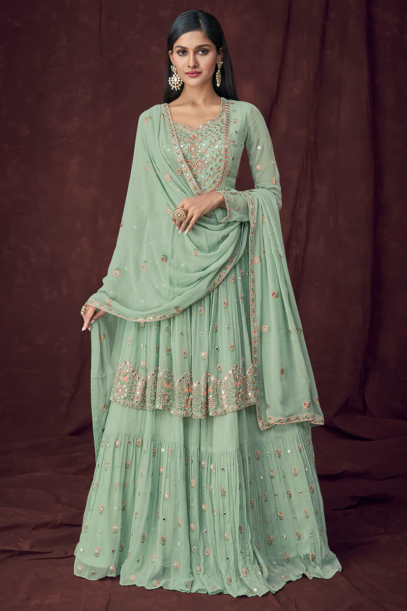 Fancy Fabric Sky Blue Peplum Style Designer Lehenga Suit