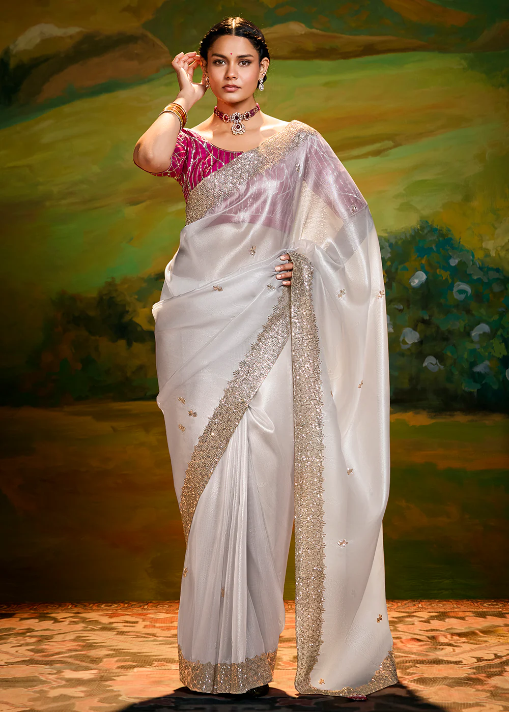 Fancy Fabric White Festive Party Designer Saree
