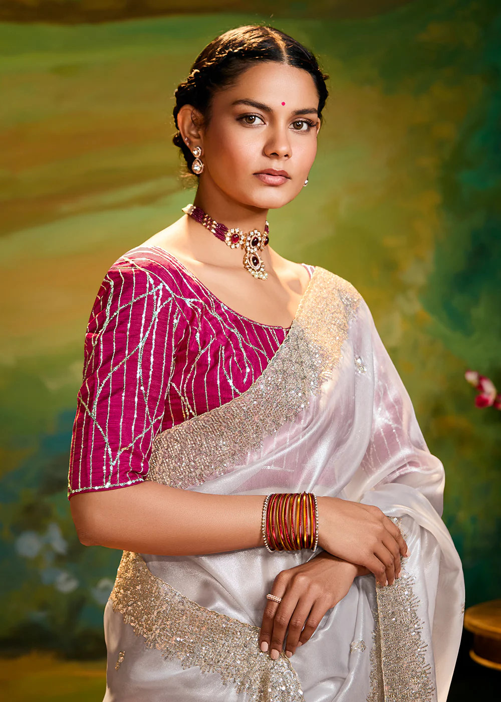 Fancy Fabric White Festive Party Designer Saree - Image 2