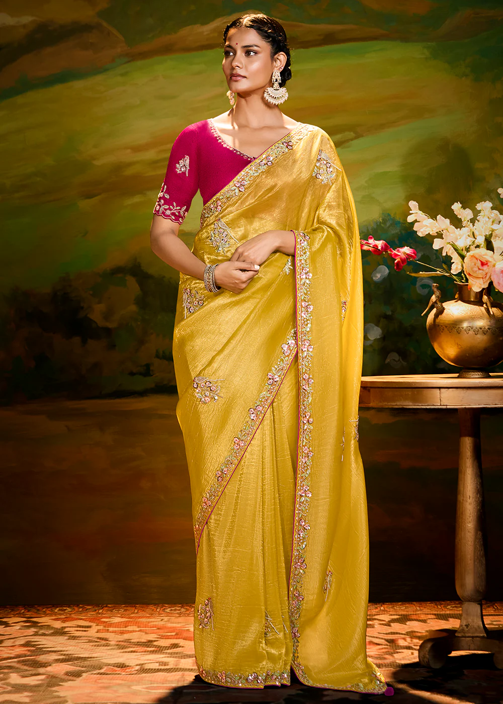 Fancy Fabric Yellow Festive Party Designer Saree