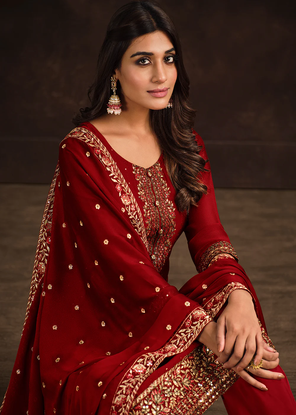 Fancy Georgette Stunning Red Pakistani Style Salwar Suit - Image 2