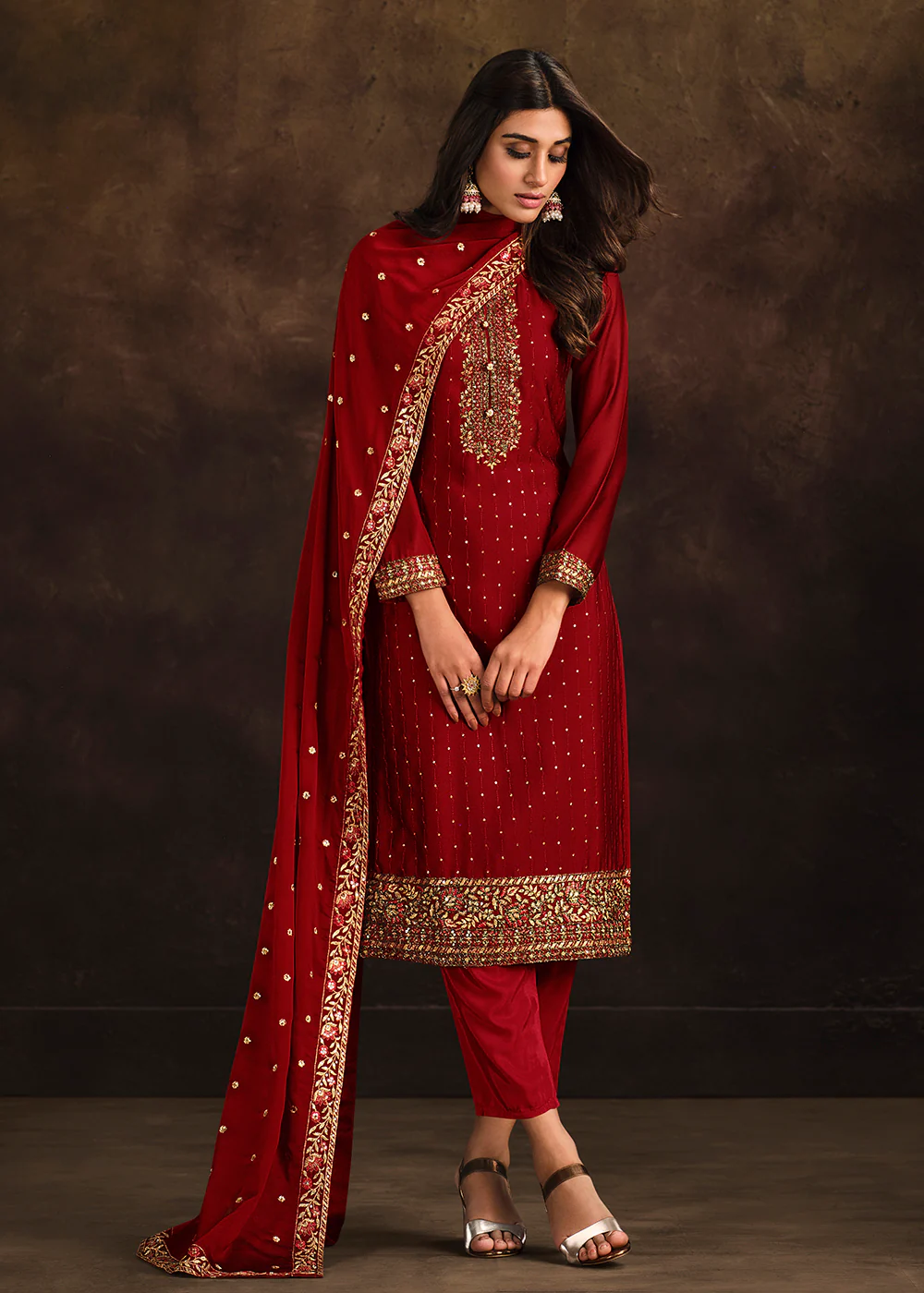 Fancy Georgette Stunning Red Pakistani Style Salwar Suit - Image 3