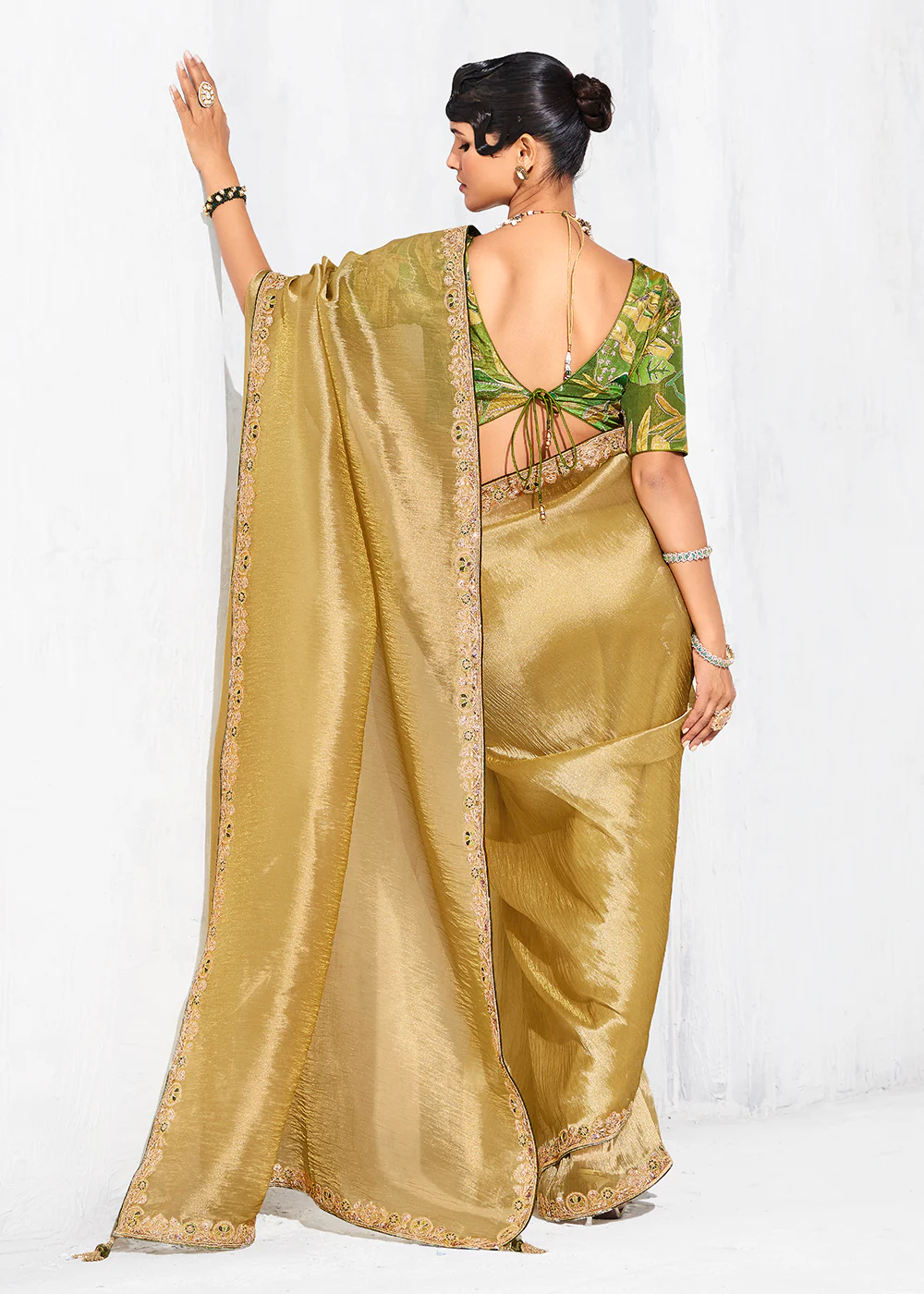 Fancy Golden Organza Tissue Designer Party Wear Saree - Image 3