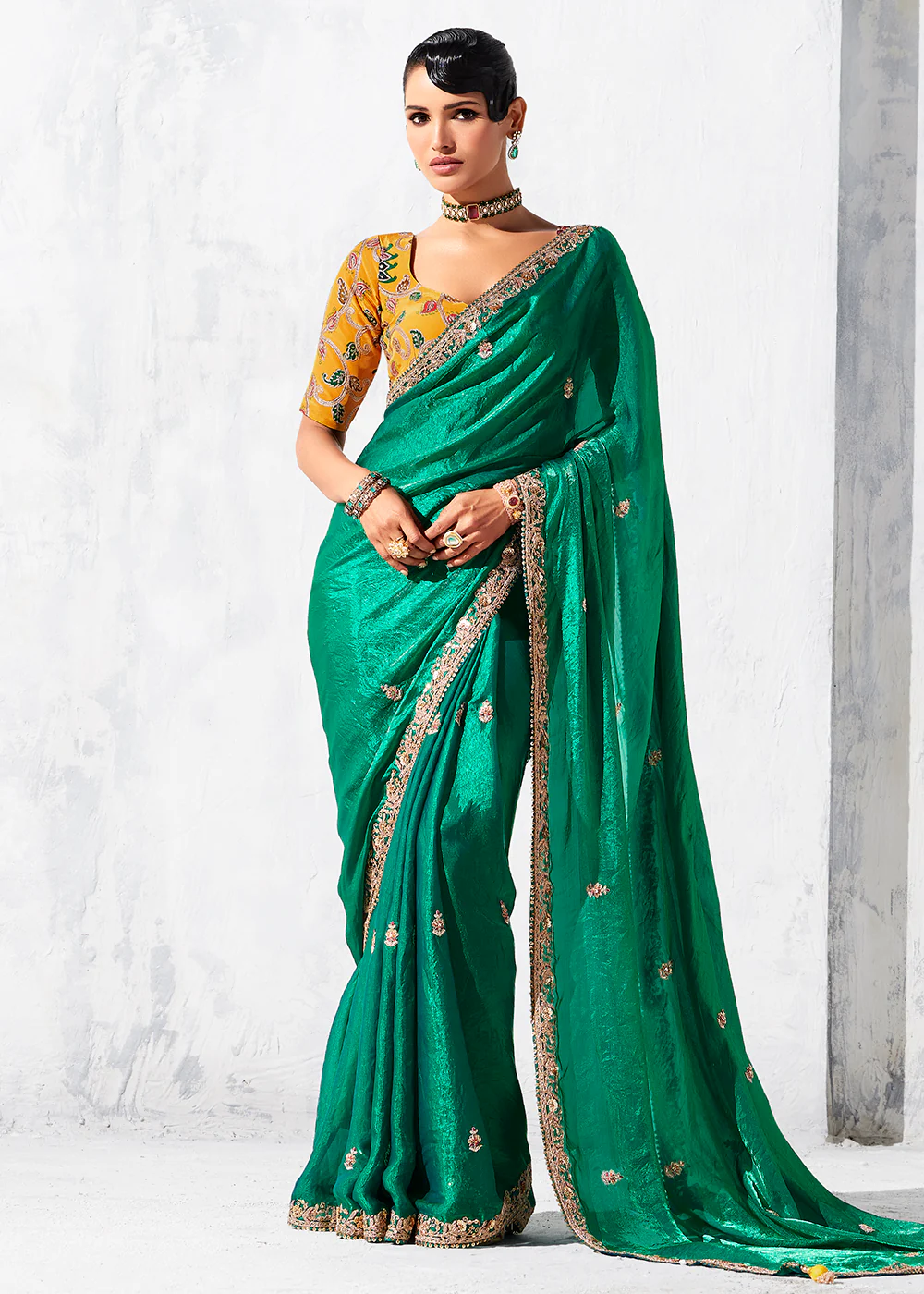 Fancy Green Organza Tissue Designer Party Wear Saree