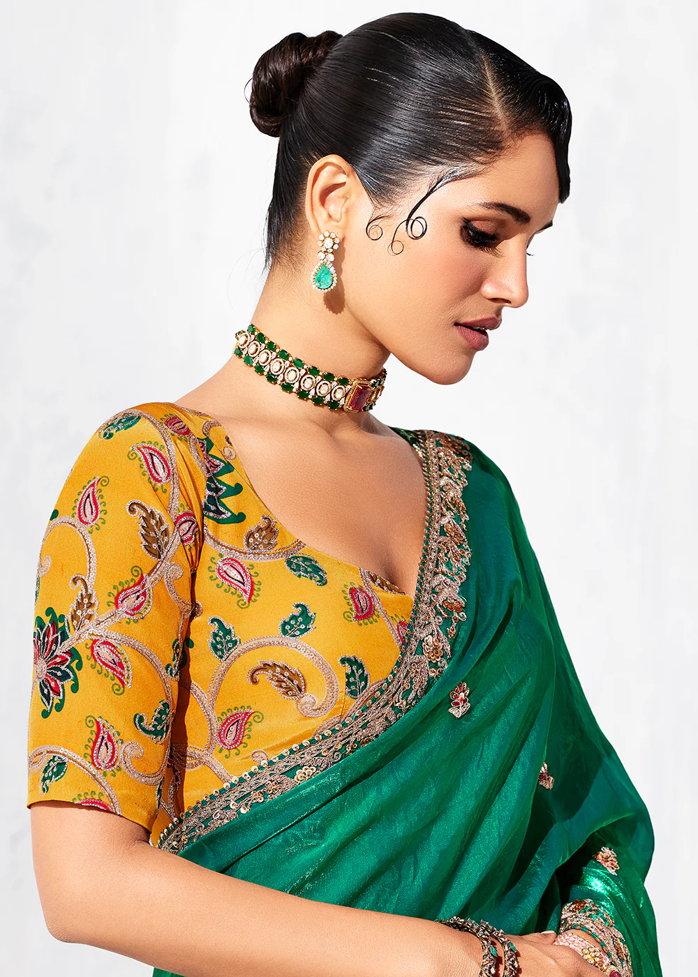 Fancy Green Organza Tissue Designer Party Wear Saree - Image 2