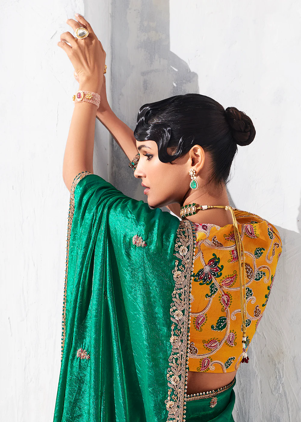 Fancy Green Organza Tissue Designer Party Wear Saree - Image 3