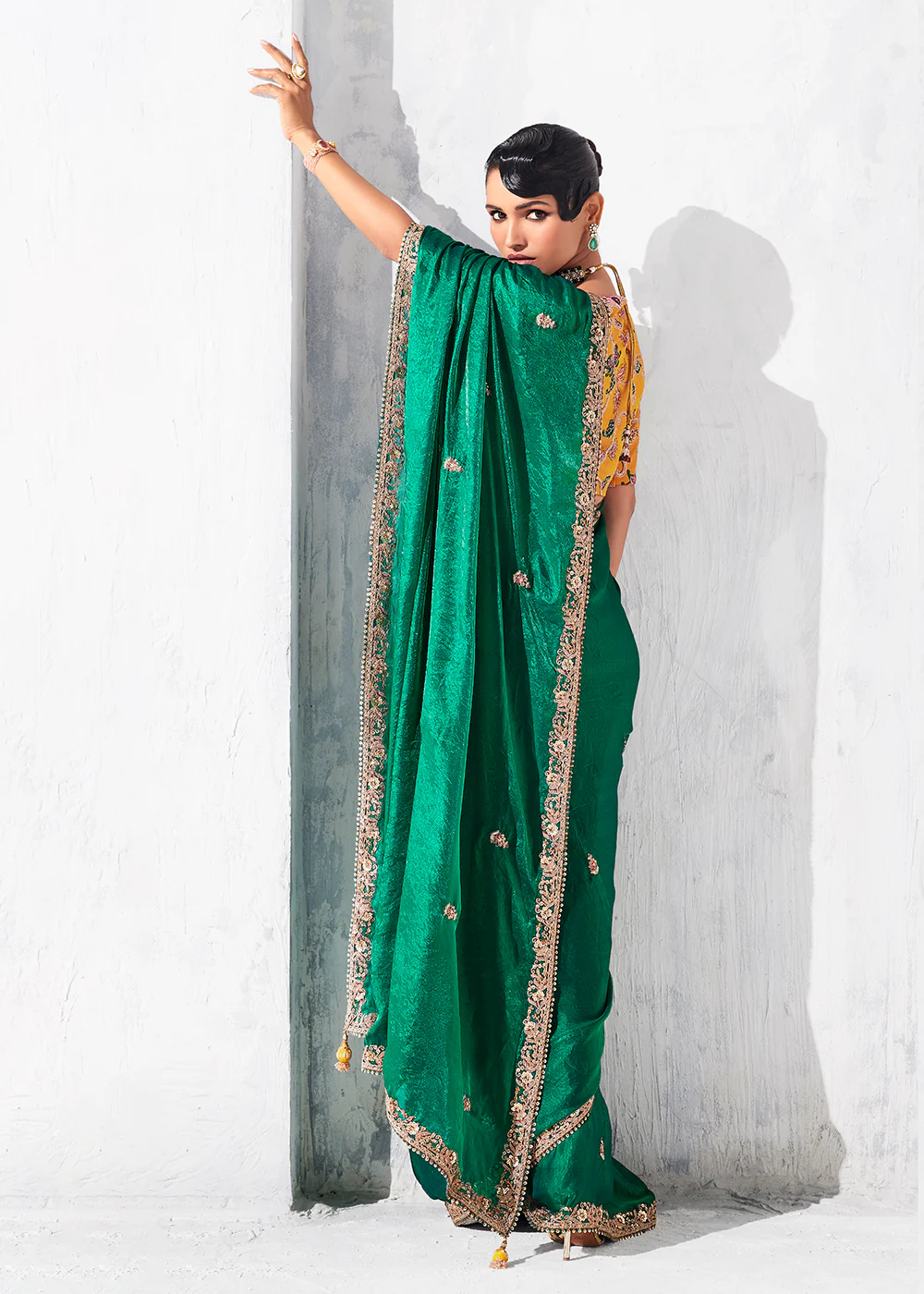 Fancy Green Organza Tissue Designer Party Wear Saree - Image 4