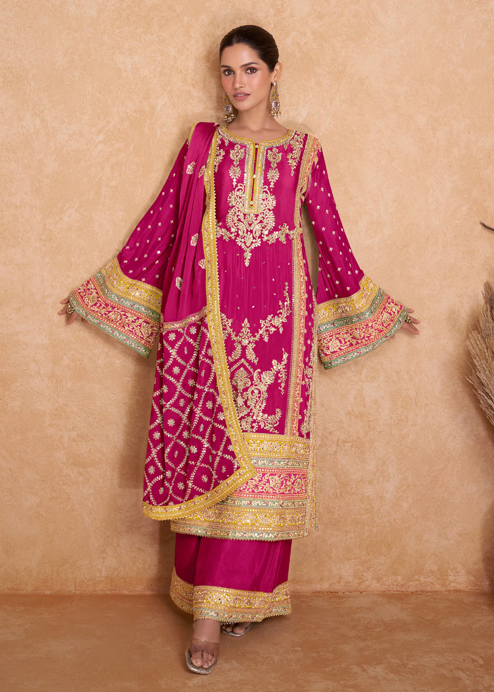 Fancy Hot Pink Chinnon Embroidered Designer Palazzo Suit