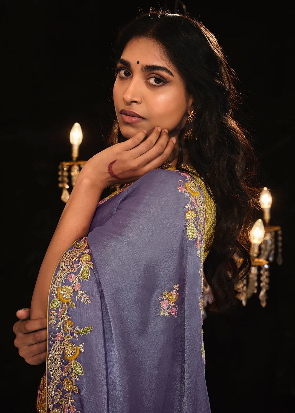 Fancy Light Lavender Embroidered Designer Wedding Wear Saree - Image 3