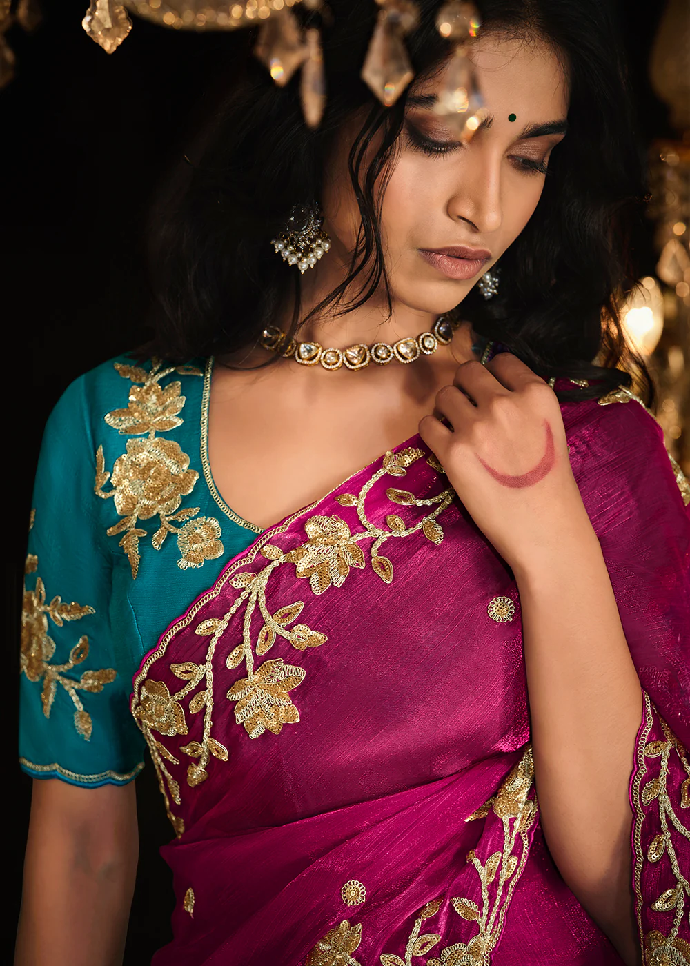 Fancy Magenta Pink Embroidered Designer Wedding Wear Saree - Image 2