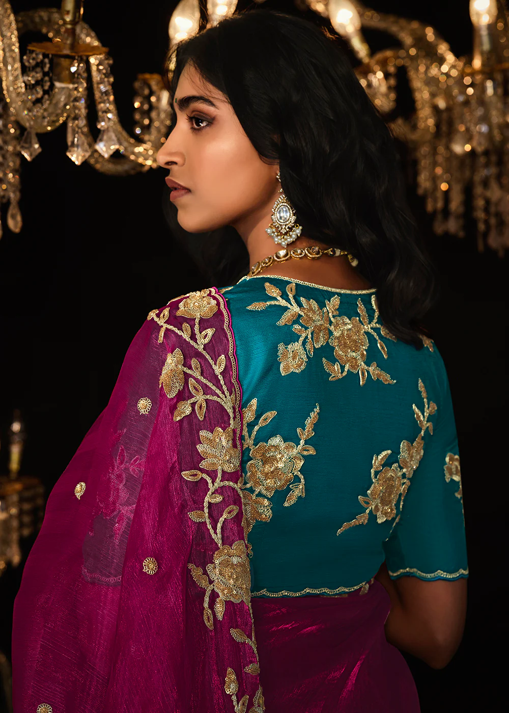 Fancy Magenta Pink Embroidered Designer Wedding Wear Saree - Image 3