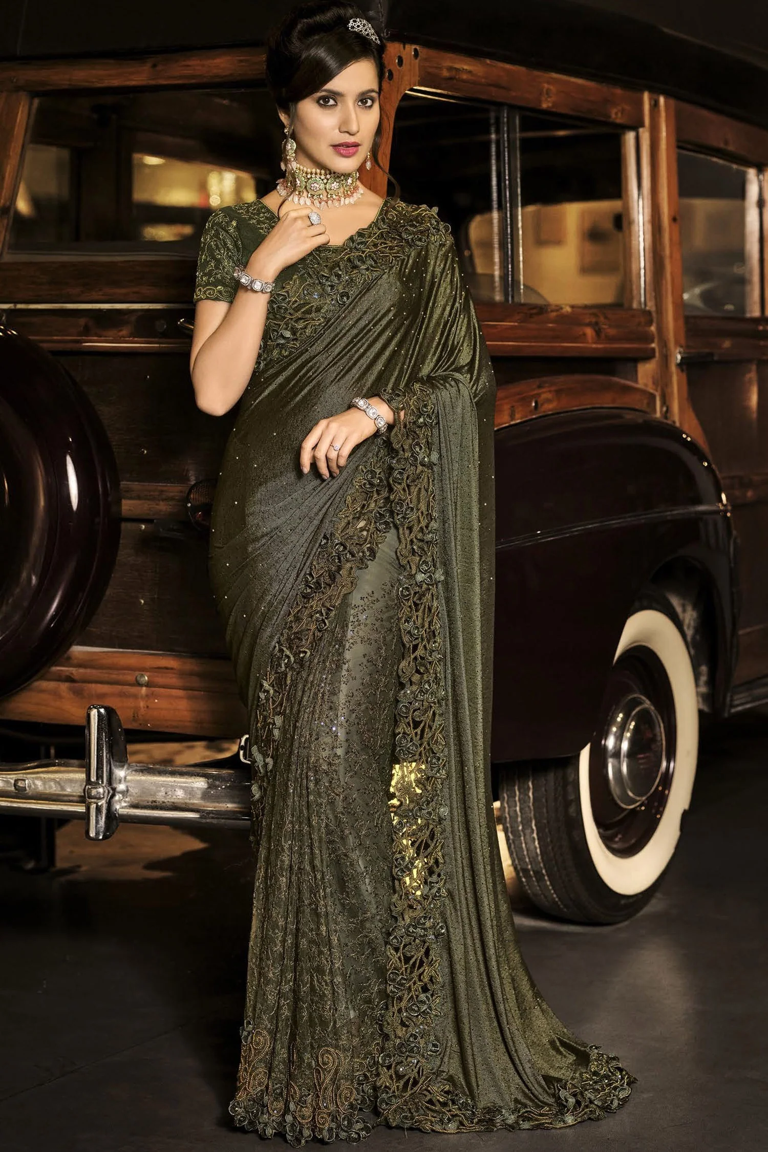 Fancy Mahendi Green Luxe Fabric Designer Saree